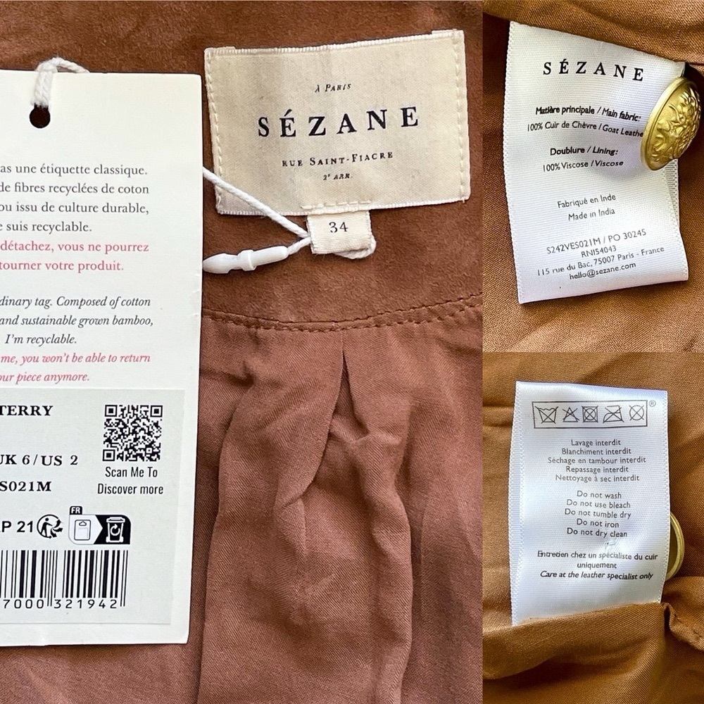Sézane Terry Jacket Gold Buttoned Camel Suede Goat Leather FR 34 NWT - Picture 6 of 13